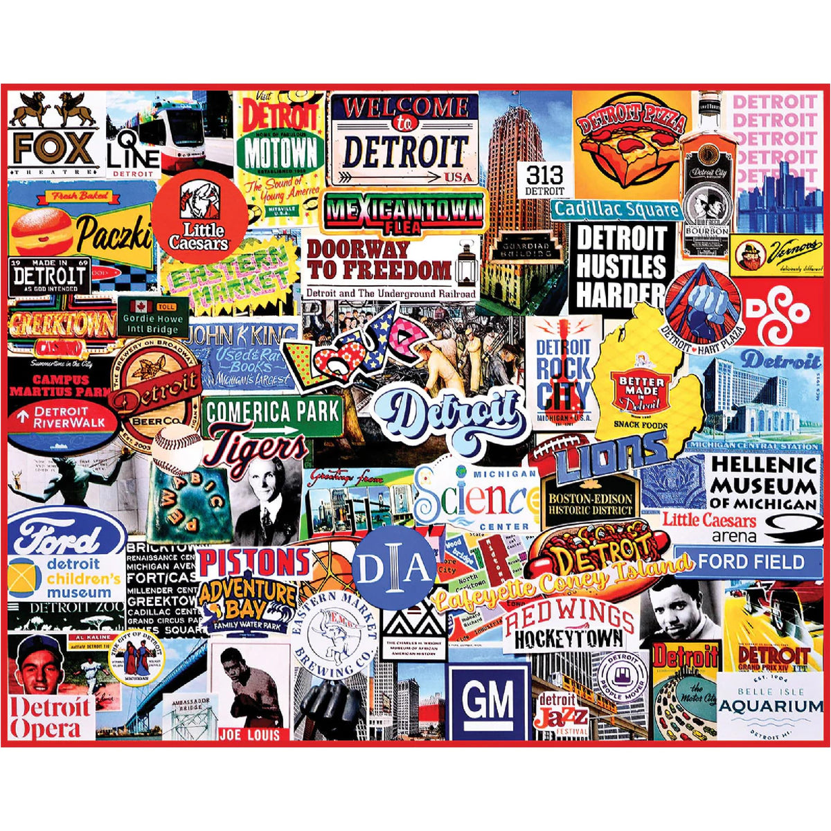 White Mountain Detroit City Collage puzzle cover with bold urban scenes for family fun.