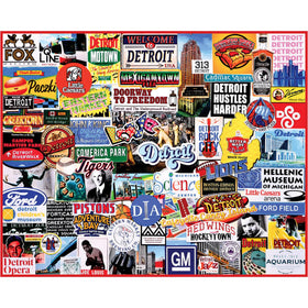 White Mountain Detroit City Collage puzzle cover with bold urban scenes for family fun.