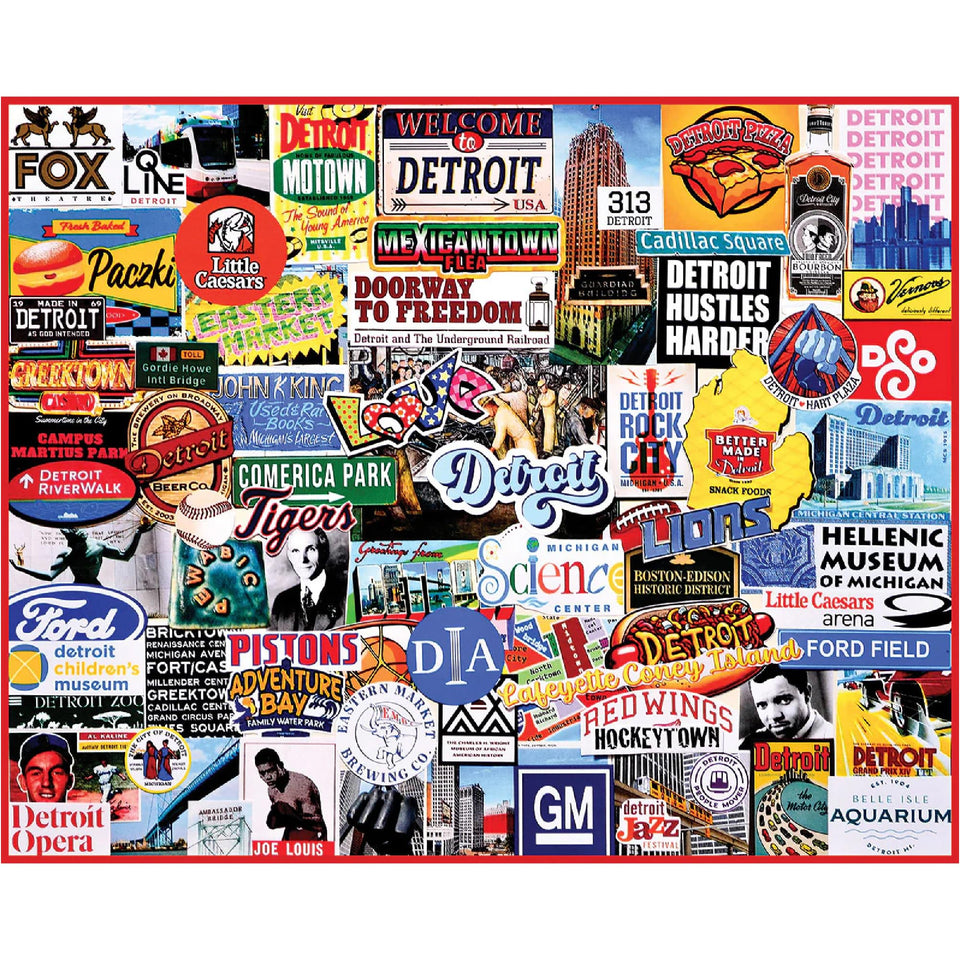 White Mountain Detroit City Collage puzzle cover with bold urban scenes for family fun.