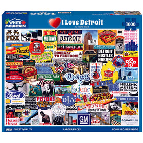 White Mountain Detroit neighborhoods illustration detail enhances collaborative puzzle night.