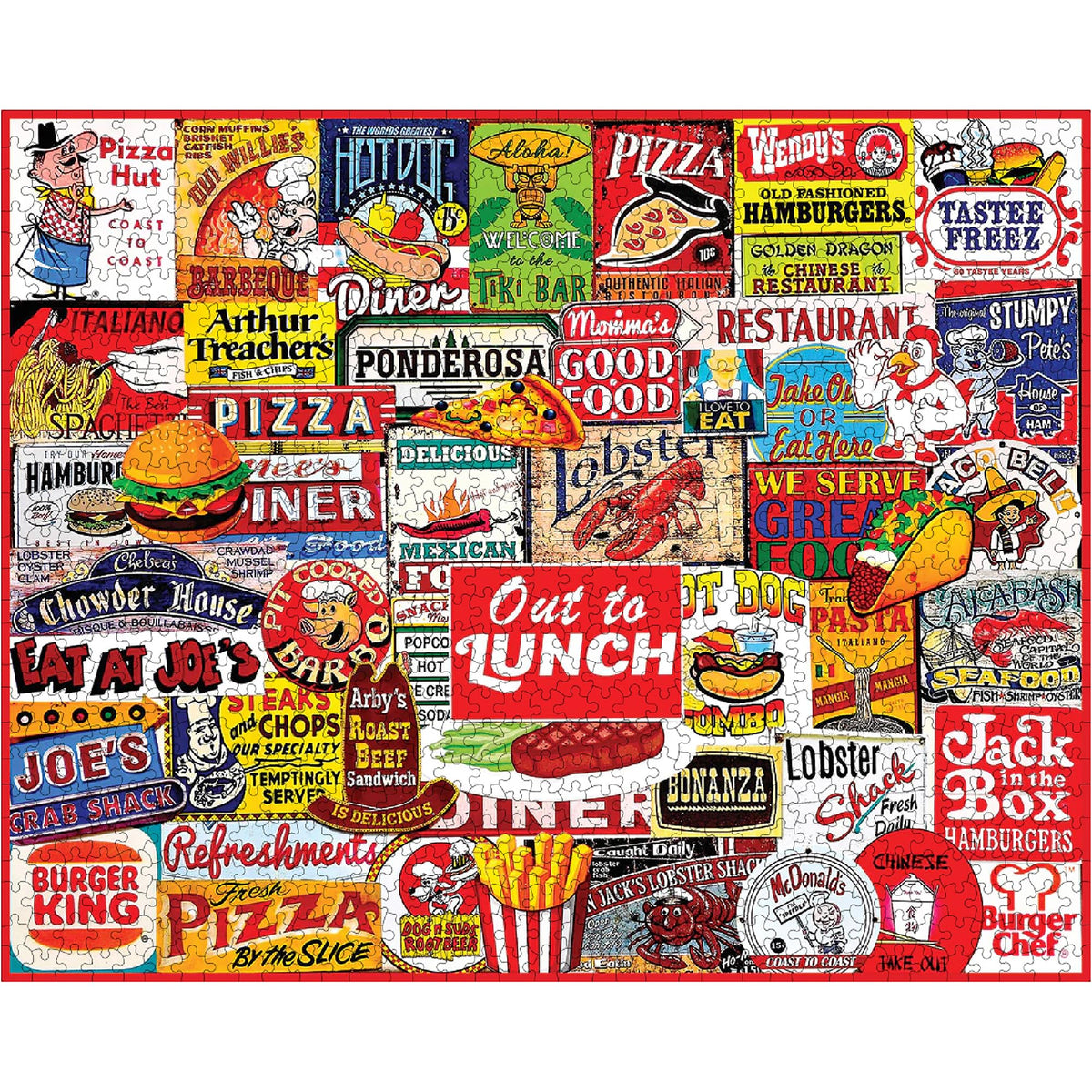 White Mountain nostalgic diner signs collage artwork evokes conversation during game night
