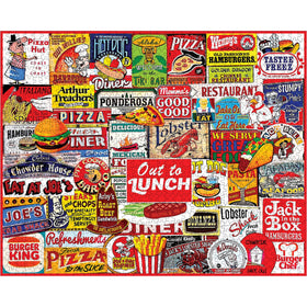White Mountain nostalgic diner signs collage artwork evokes conversation during game night