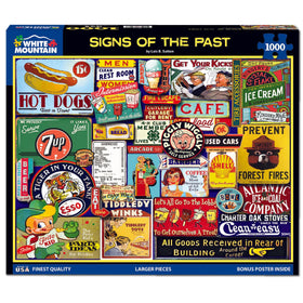 White Mountain diner signs puzzle with bold colors and nostalgic Americana artwork for cozy evenings.