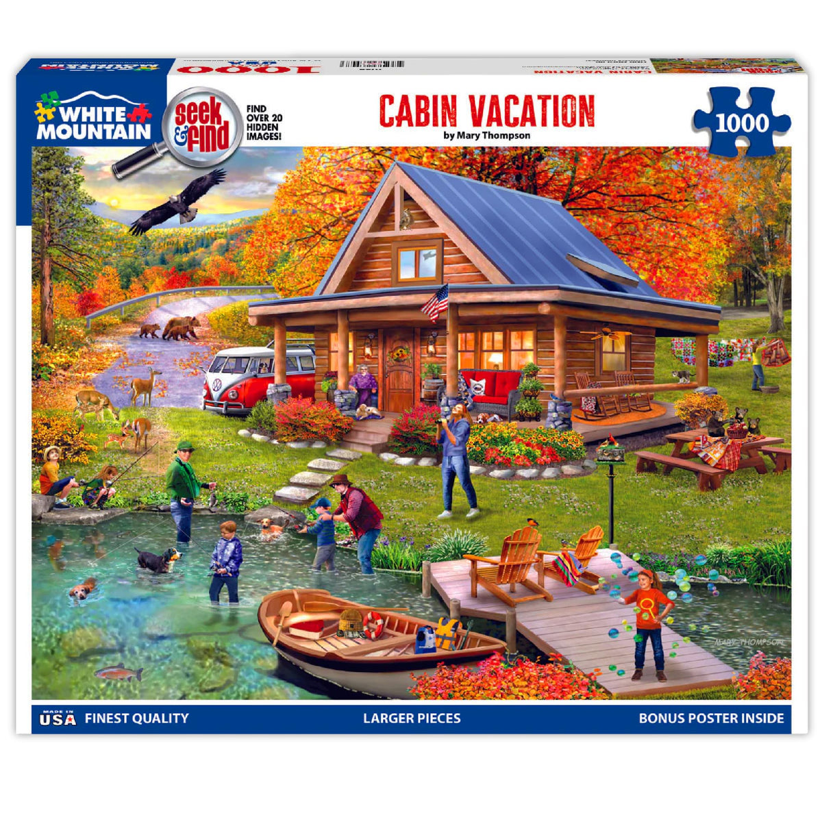 White Mountain fall landscape puzzle image with cabin, ideal for family evenings.