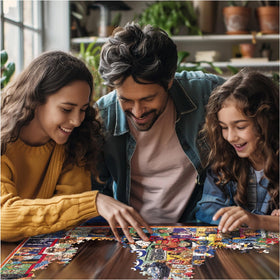 White Mountain puzzle being solved by family, capturing shared focus and conversation.