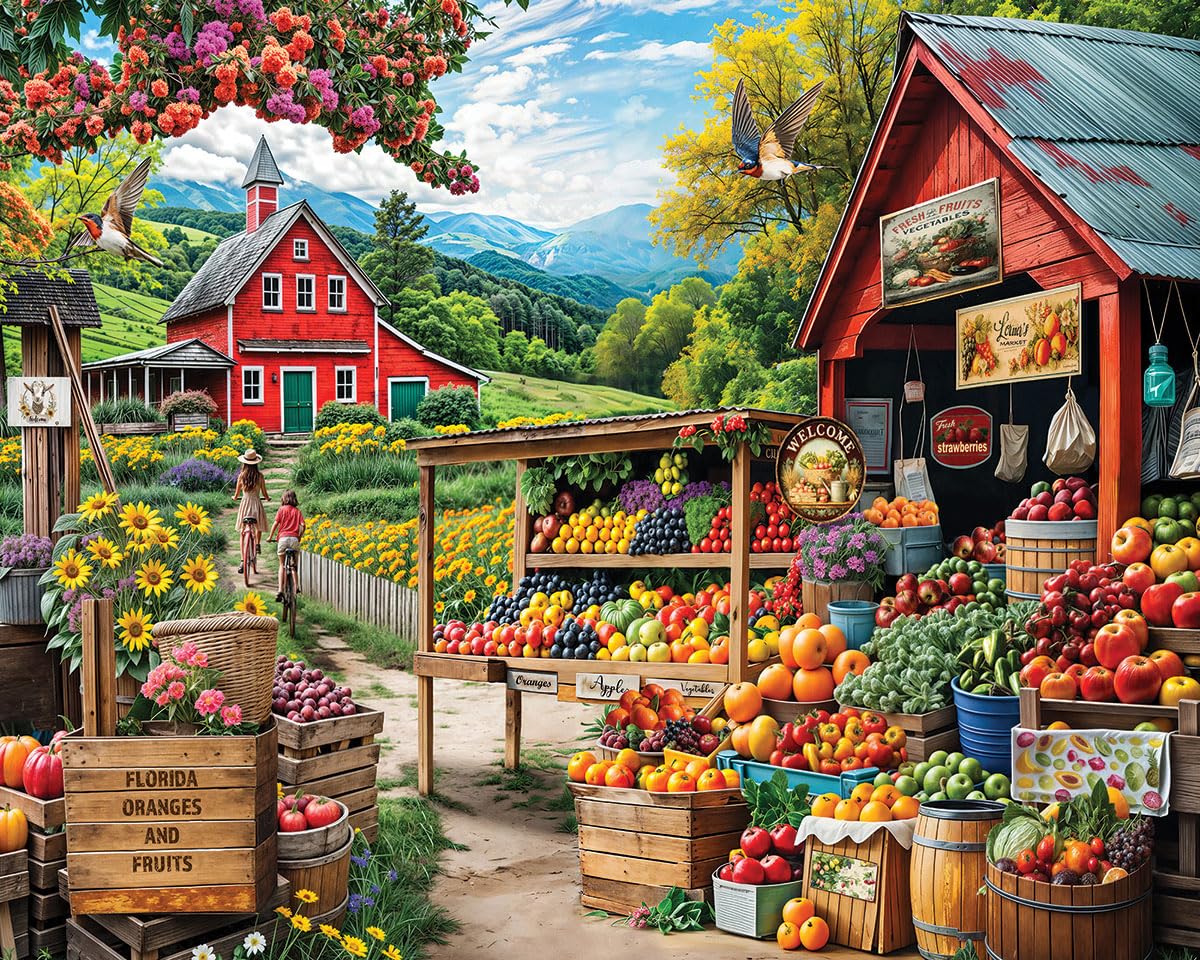 White Mountain Farm Stand puzzle, 1000 pieces, ideal family activity with a serene rural market scene