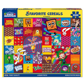 White Mountain favorite cereal collage puzzle cover, vibrant nostalgia for family game night.