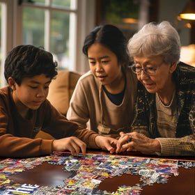 White Mountain finished 24x30-inch puzzle displayed on coffee table.