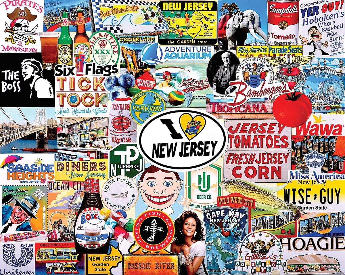 White Mountain Garden State collage puzzle art showcasing Jersey imagery for lively gatherings.