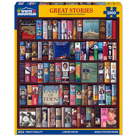 White Mountain Great Stories puzzle box art featuring classic books for family entertainment.