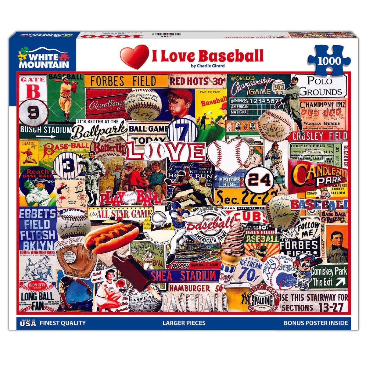 White Mountain I Love Baseball puzzle box showcases nostalgic sports artwork for family fun.