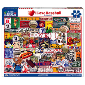 White Mountain I Love Baseball puzzle box showcases nostalgic sports artwork for family fun.