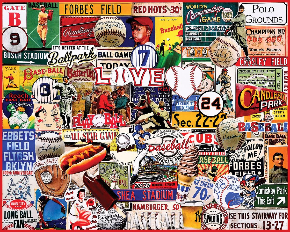 White Mountain I Love Baseball large-piece puzzle close-up highlights easy-to-handle pieces.