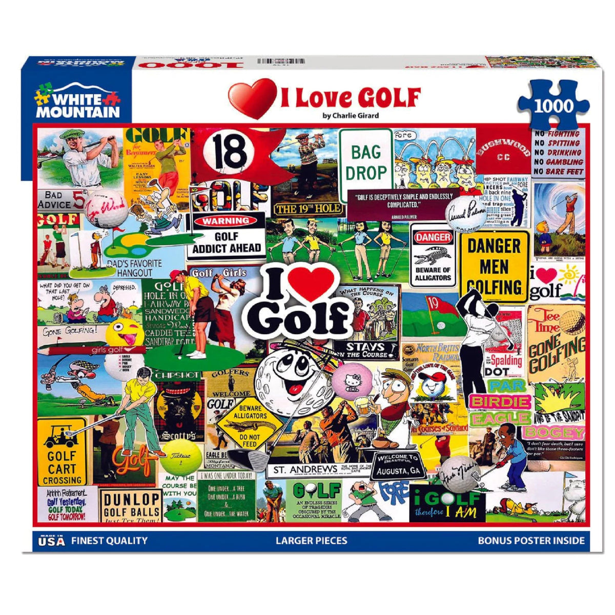White Mountain I Love Golf puzzle cover showing humorous golf imagery for family entertainment.