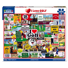 White Mountain I Love Golf puzzle cover showing humorous golf imagery for family entertainment.