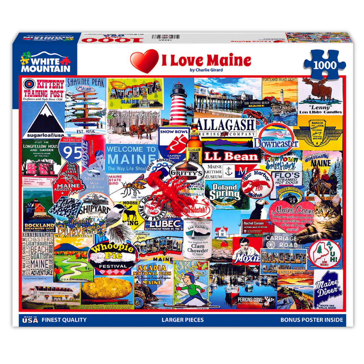 White Mountain I Love Maine puzzle shows coastal icons for a cozy family gathering.