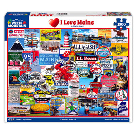 White Mountain I Love Maine puzzle shows coastal icons for a cozy family gathering.