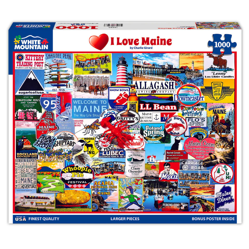 White Mountain I Love Maine puzzle shows coastal icons for a cozy family gathering.