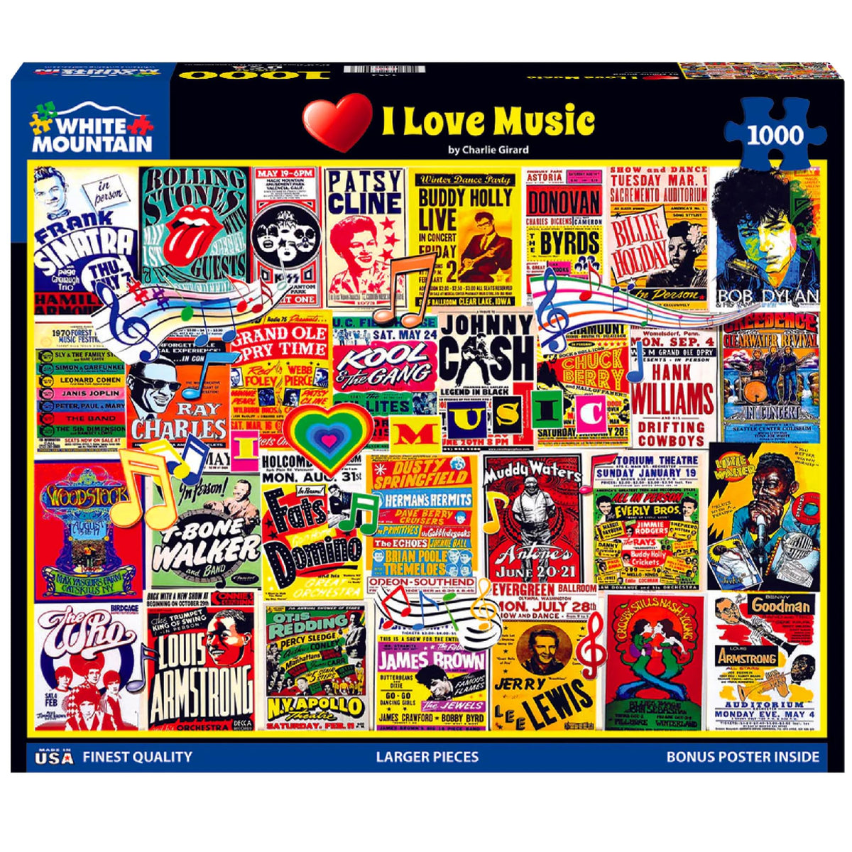White Mountain I Love Music puzzle cover with nostalgic concert posters for family nights