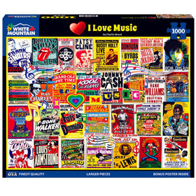 White Mountain I Love Music puzzle cover with nostalgic concert posters for family nights