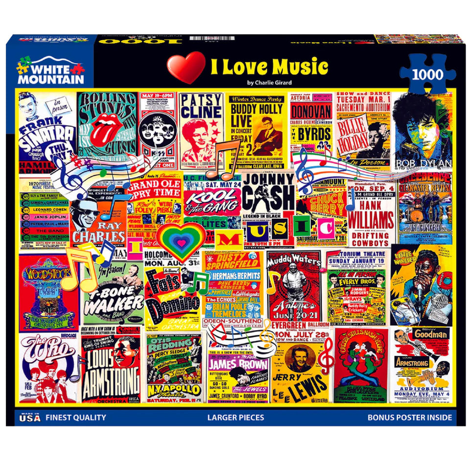 White Mountain I Love Music puzzle cover with nostalgic concert posters for family nights