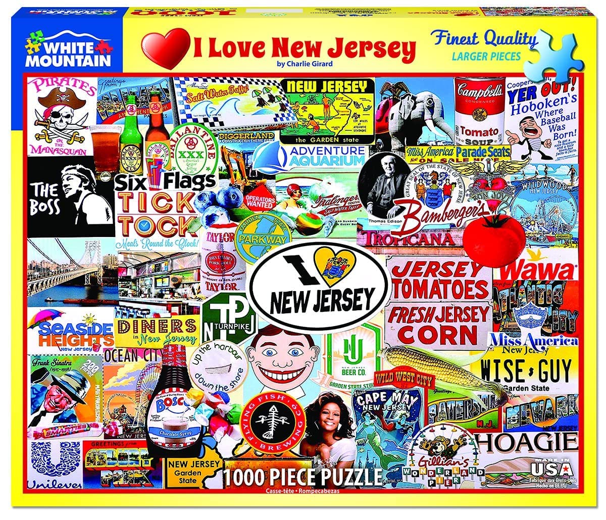 White Mountain I Love New Jersey puzzle box cover highlighting state pride for family game night.