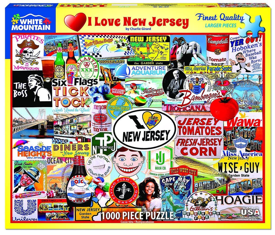 White Mountain I Love New Jersey puzzle box cover highlighting state pride for family game night.