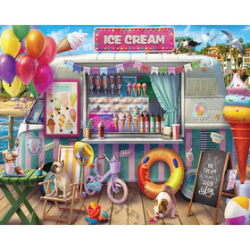 White Mountain ice cream van puzzle pieces in pastel tones for family fun.