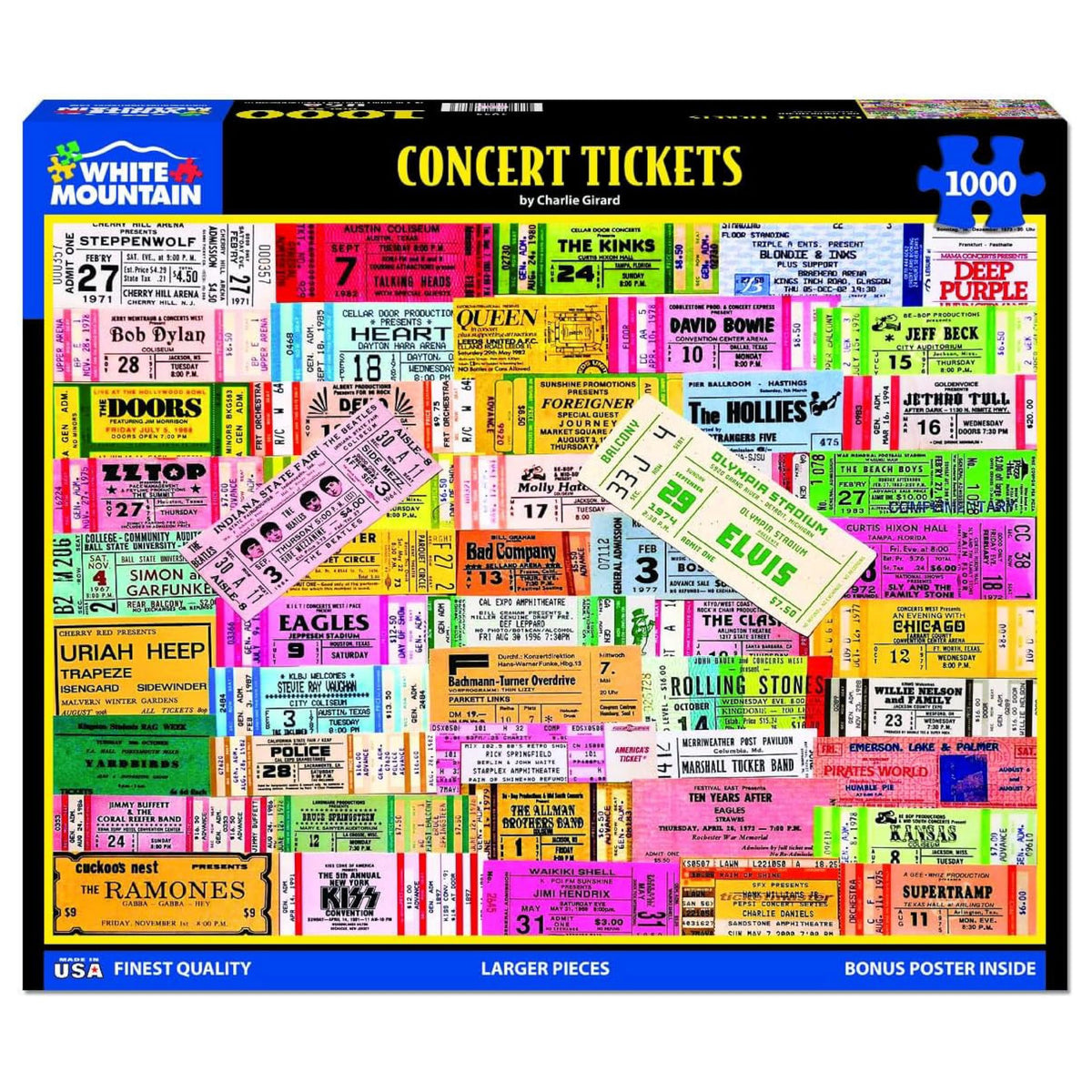 White Mountain iconic concerts puzzle box front shows a vivid ticket collage for nostalgic puzzle nights.