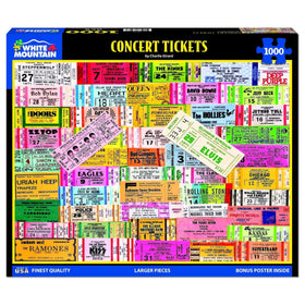 White Mountain iconic concerts puzzle box front shows a vivid ticket collage for nostalgic puzzle nights.