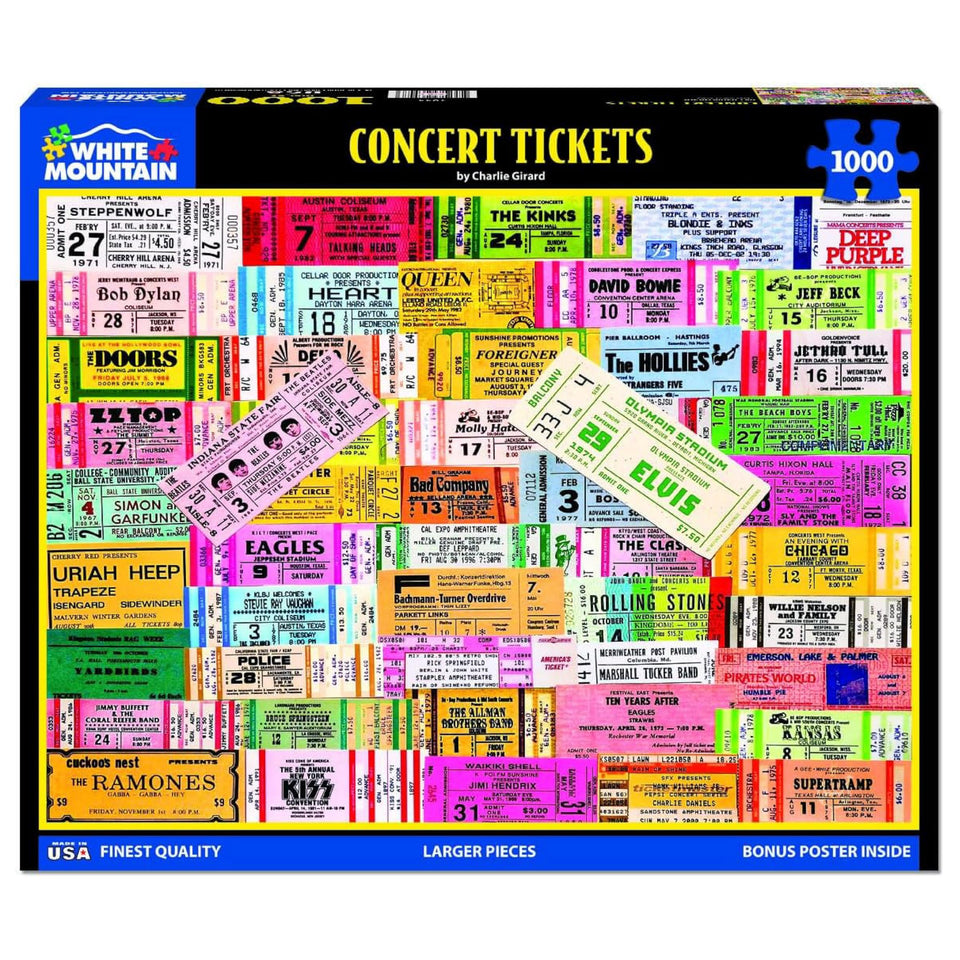 White Mountain iconic concerts puzzle box front shows a vivid ticket collage for nostalgic puzzle nights.