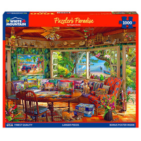 White Mountain lake cabin puzzle, scenic view for family night assembly