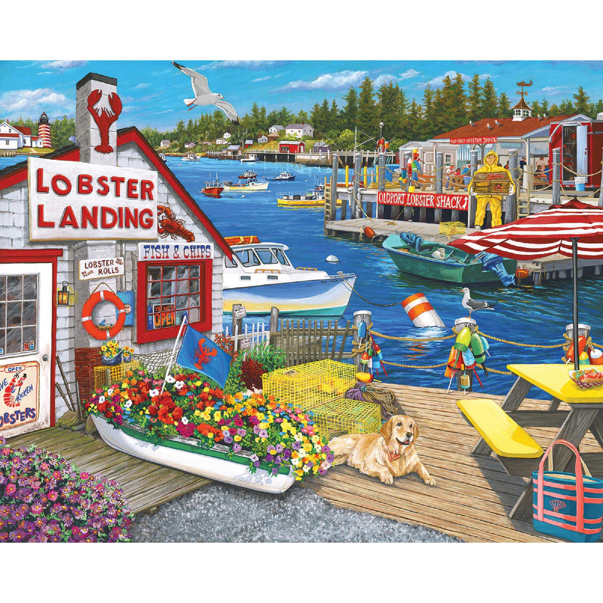 White Mountain Lobster Landing puzzle: vibrant coastal scene for family game night.