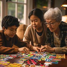 Lois B. Sutton artwork featured in White Mountain nostalgic board games collage.