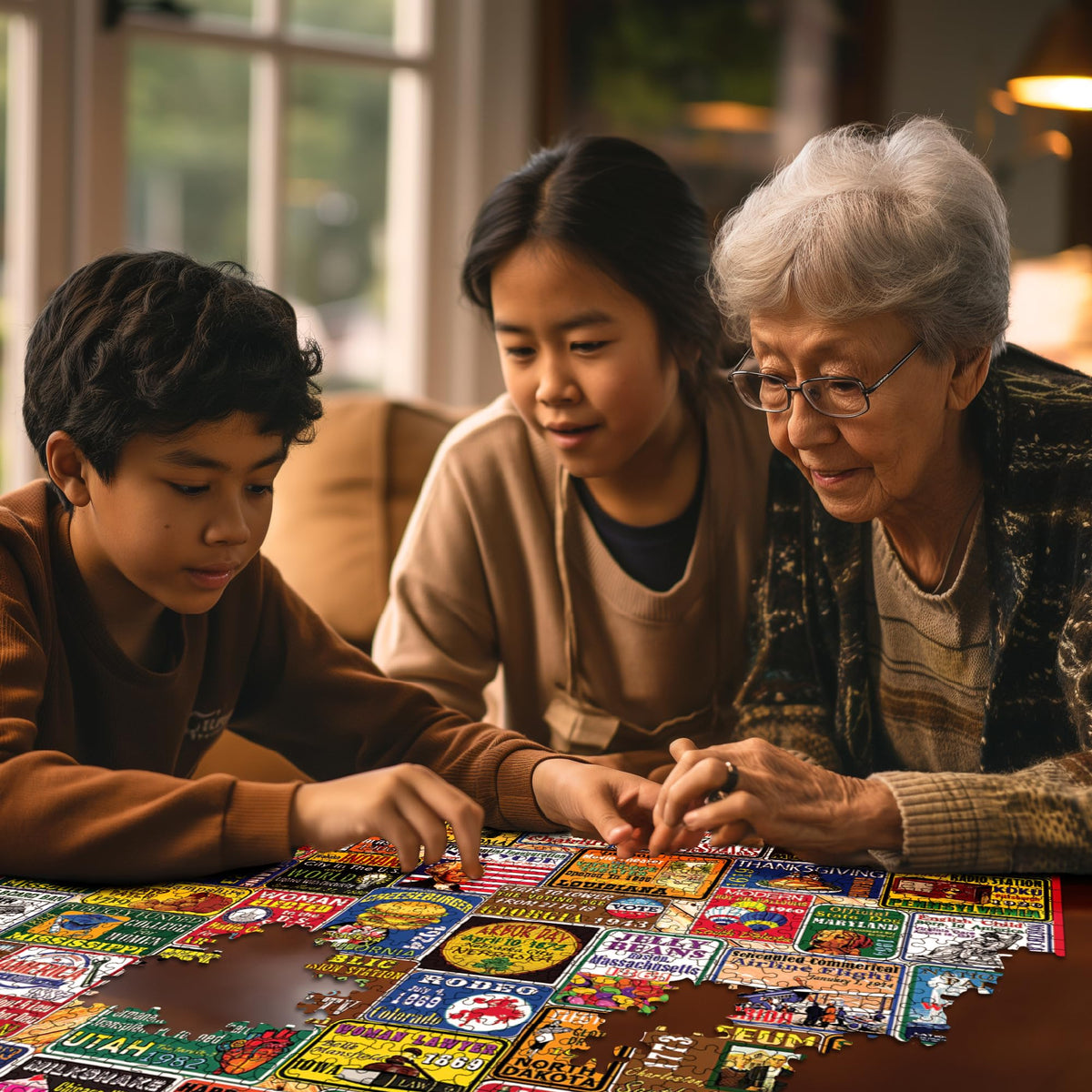 White Mountain USA-made puzzle emphasizing quality and the Happiness Guarantee.