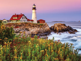 White Mountain Maine Lighthouse puzzle front cover showcases coastal charm for family puzzle night