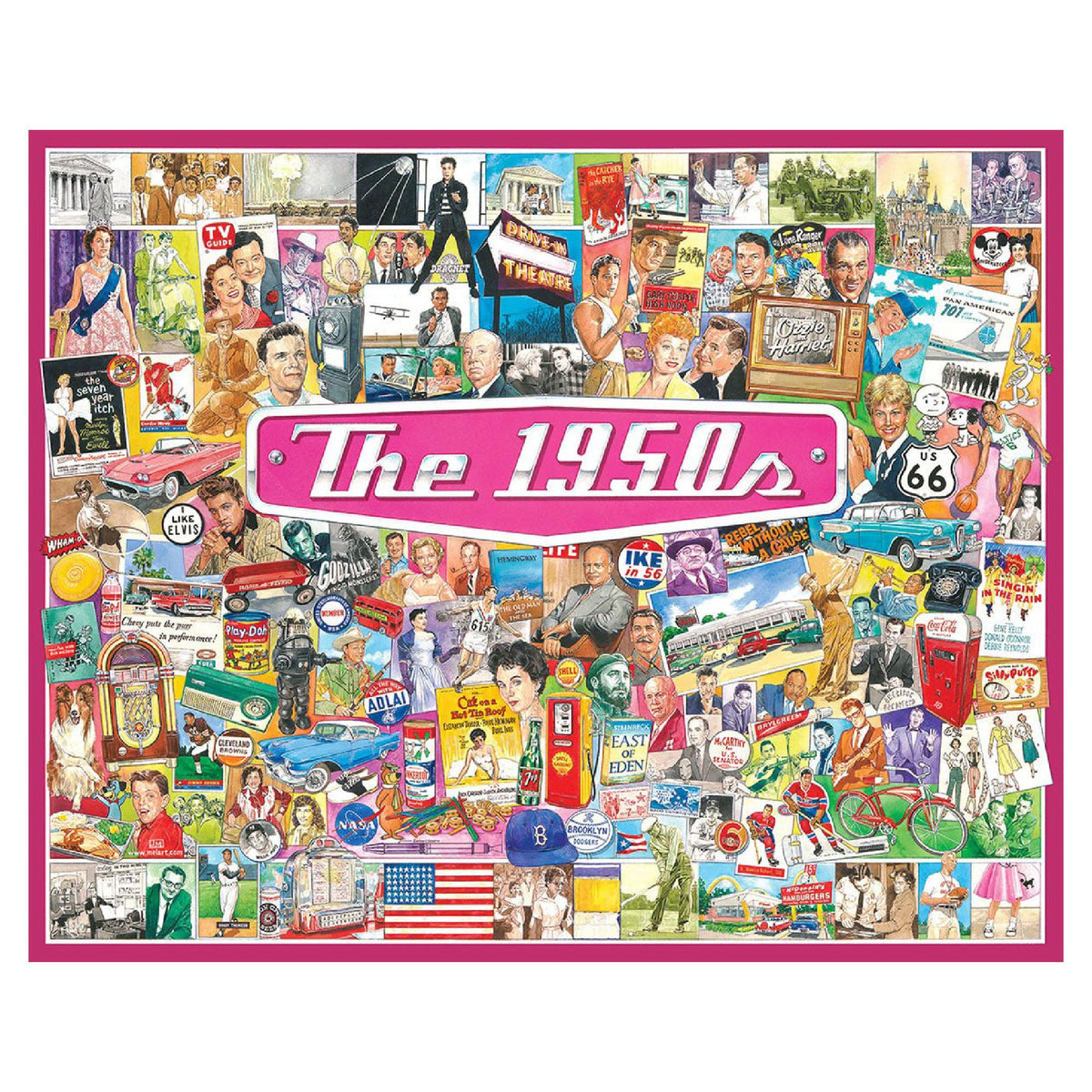 White Mountain midcentury icons collage puzzle highlights nostalgic design for family evenings.