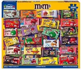 White Mountain M&M's puzzle with 1000 large pieces for easy gripping.