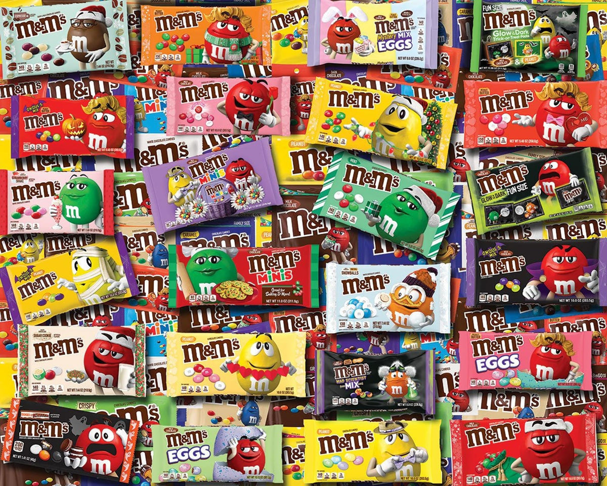 White Mountain M&M's puzzle packaging design, festive artwork for family nights.