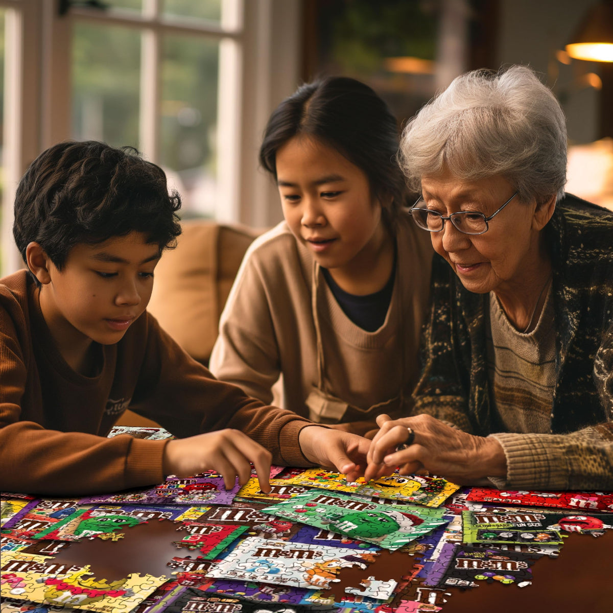White Mountain M&M's puzzle precision-cut pieces for a tight fit.
