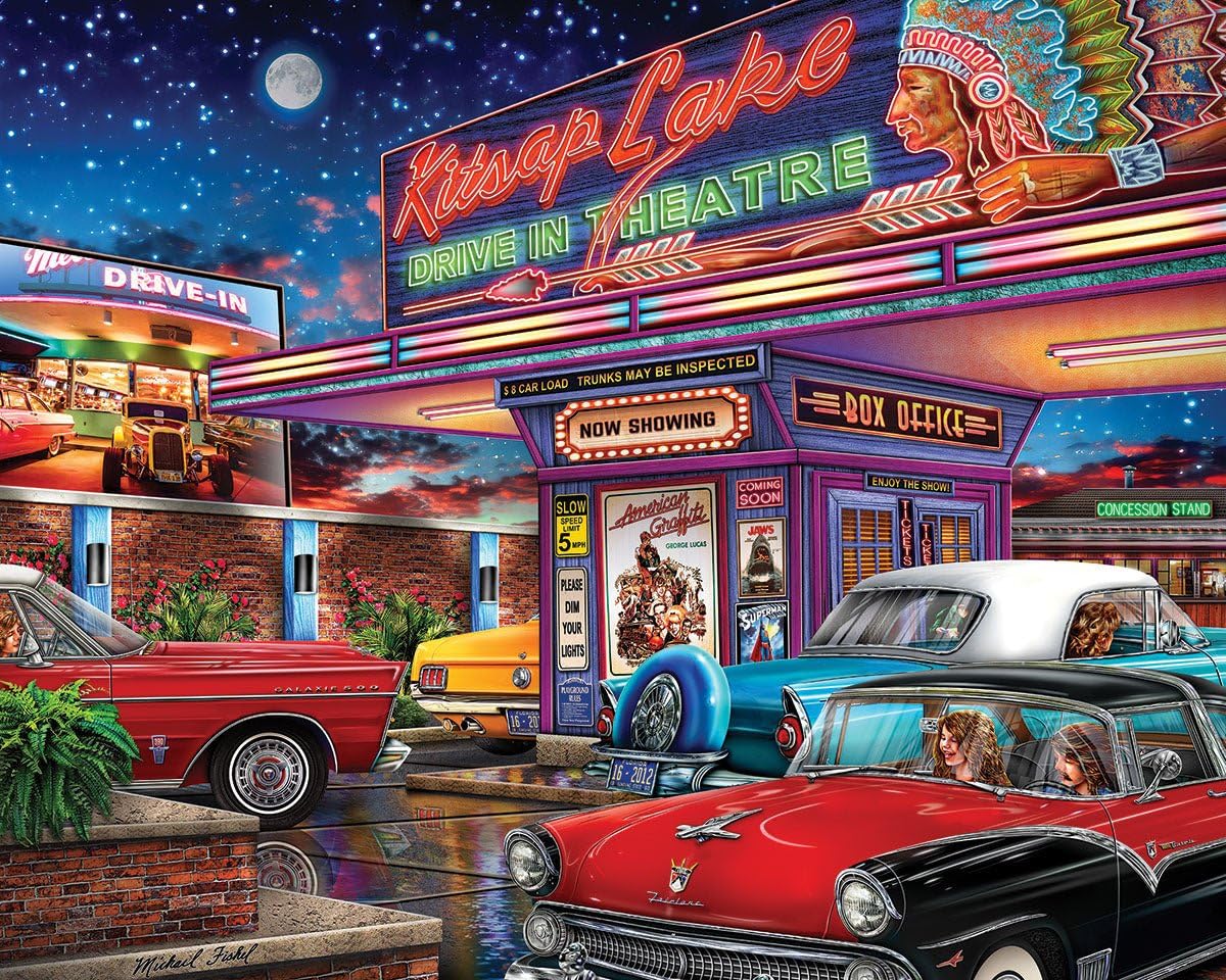 White Mountain Movie Night puzzle with neon lights and vintage cars, ideal for family game night