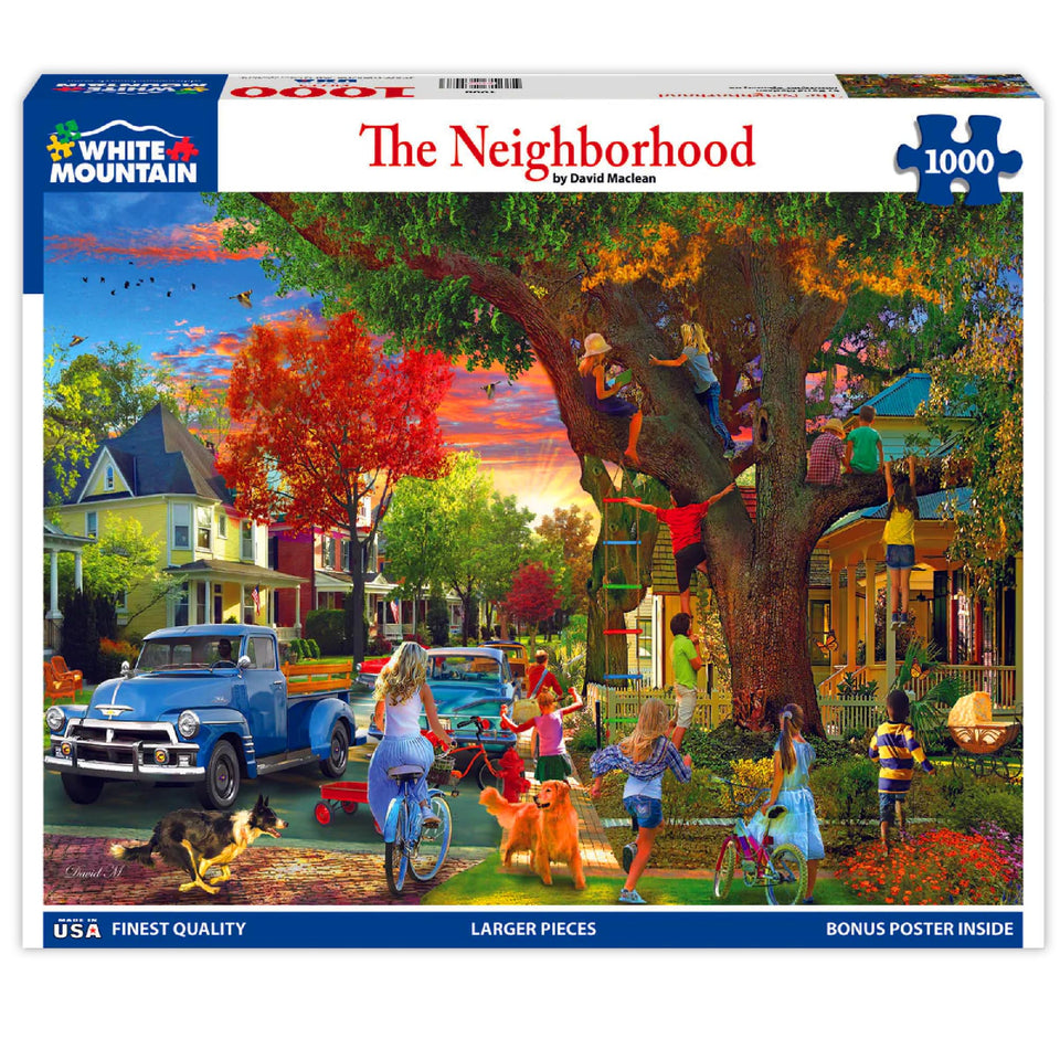 White Mountain Neighborhood puzzle featuring children playing, ideal for family night.