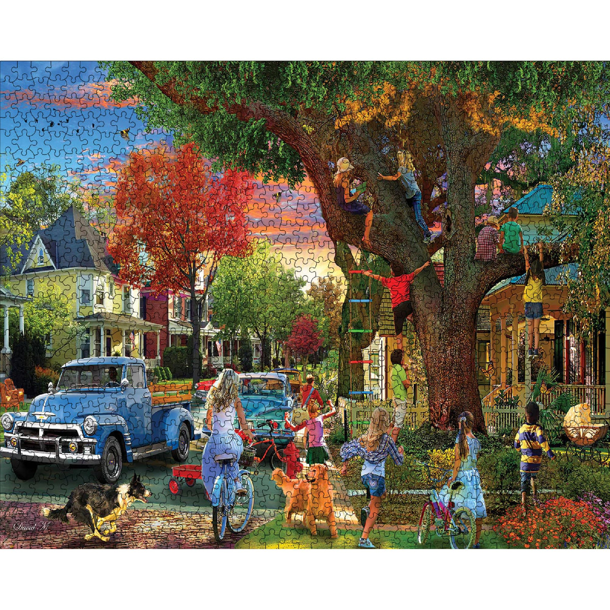 White Mountain Neighborhood puzzle shows families enjoying evening together.