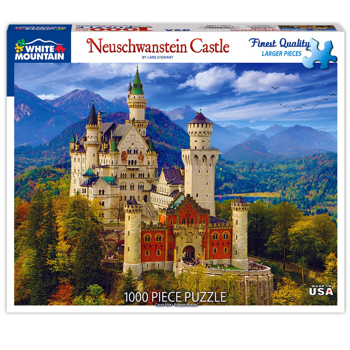 White Mountain Neuschwanstein Castle puzzle box art featuring iconic Bavarian architecture for display.