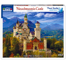White Mountain Neuschwanstein Castle puzzle box art featuring iconic Bavarian architecture for display.