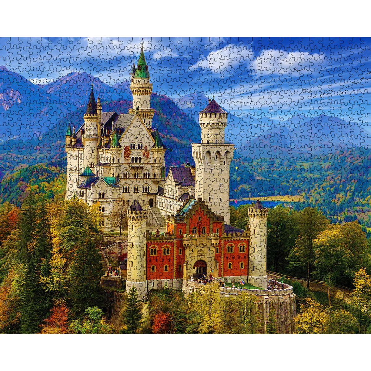 White Mountain Neuschwanstein Castle puzzle assembly shows completed 24x30 inch scene.