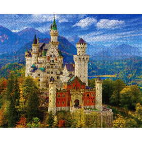 White Mountain Neuschwanstein Castle puzzle assembly shows completed 24x30 inch scene.