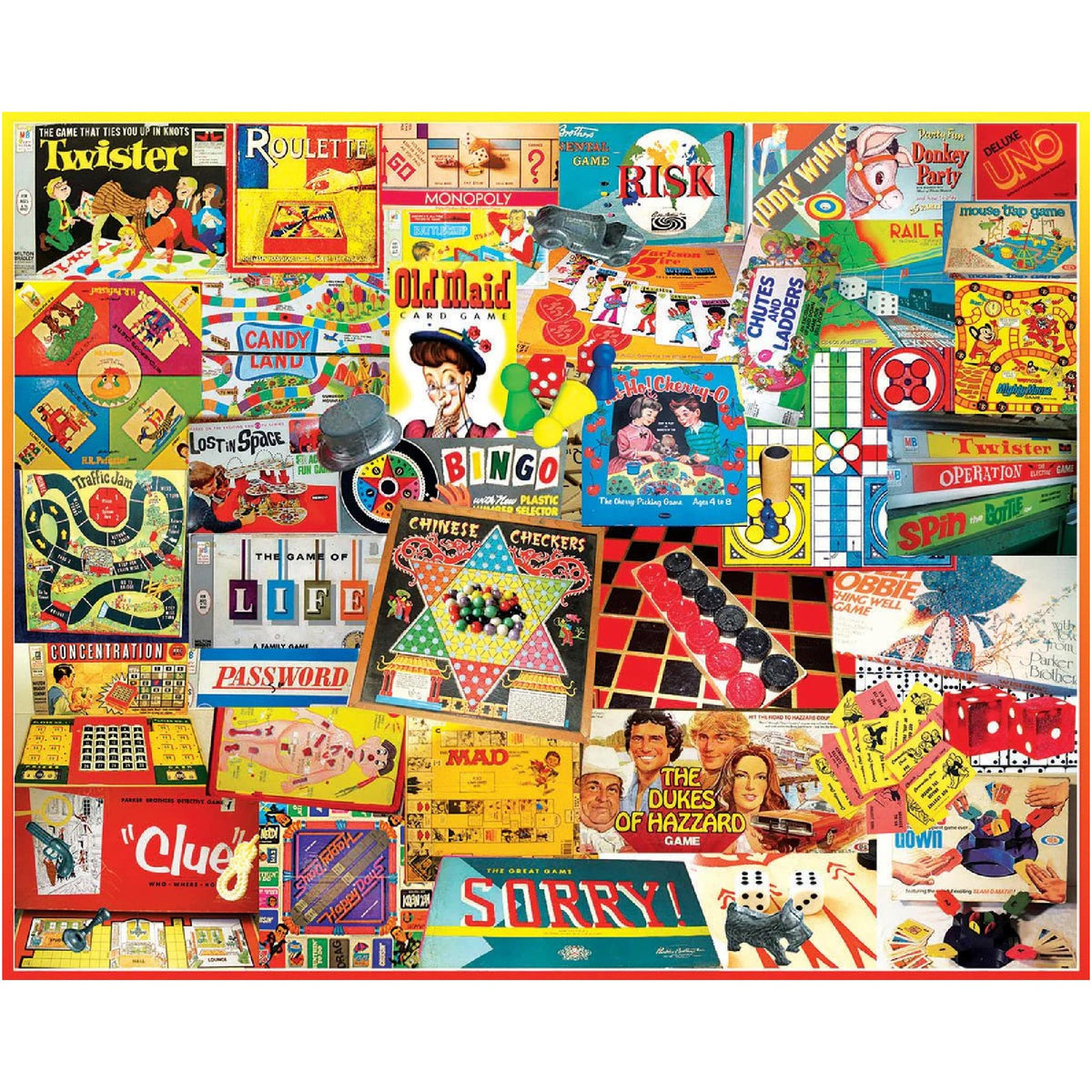 White Mountain puzzle box featuring Nostalgic Board Games collage for family game nights.
