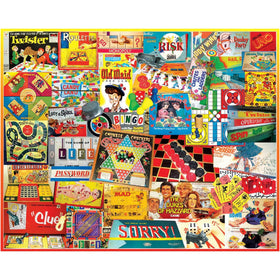 White Mountain puzzle box featuring Nostalgic Board Games collage for family game nights.