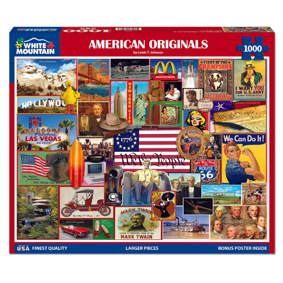 White Mountain Nostalgic USA collage puzzle cover featuring iconic landmarks for family puzzle night